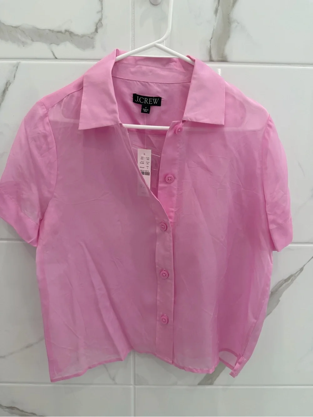 J.Crew Pink Short-Sleeve Silk Sheer Button-Up Top